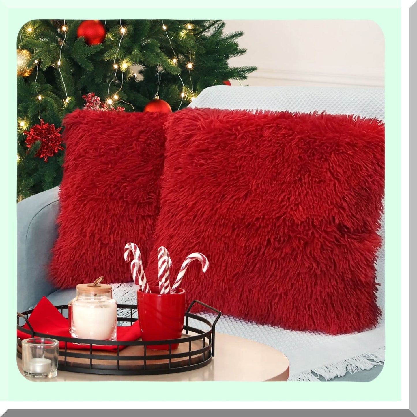 Luxury Red Fluffy Pillow Covers - Set of 2 Decorative Throw Pillows for Couch & Bed, Soft & Cozy 16x16 Inch Cushion Covers