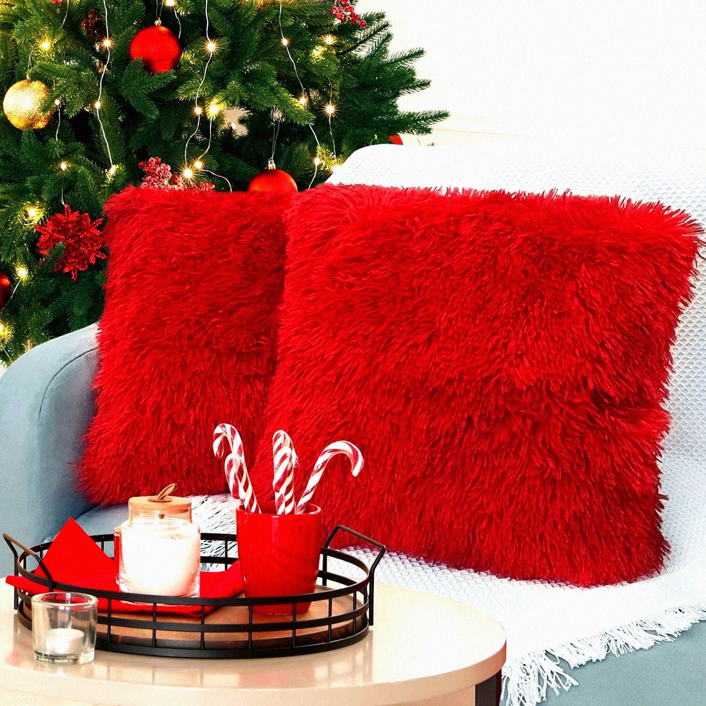 Luxury Red Fluffy Pillow Covers - Set of 2 Decorative Throw Pillows for Couch & Bed, Soft & Cozy 16x16 Inch Cushion Covers