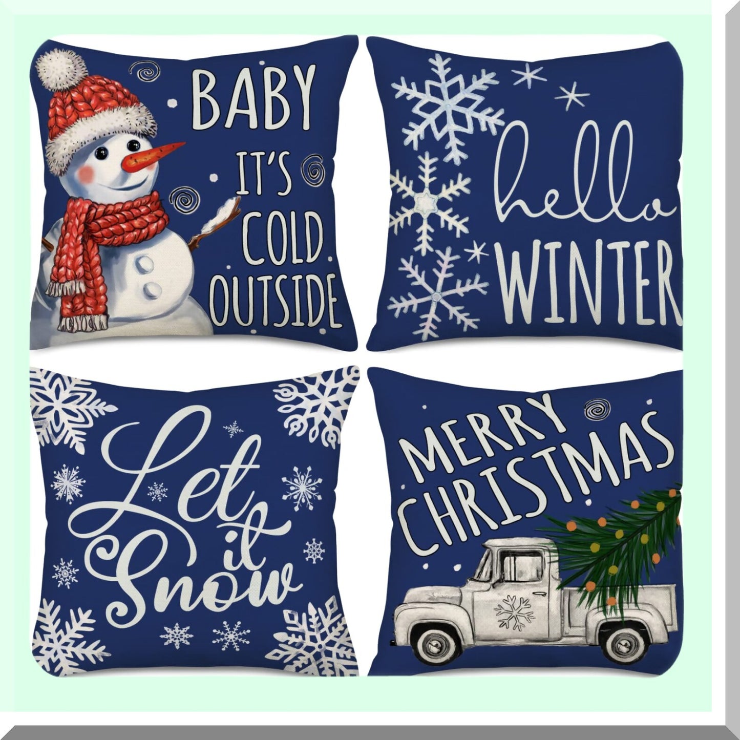 Winter Wonderland Pillow Covers - Set of 4 Navy Blue Snowflake Decorations - Farmhouse Truck Merry Saying Quote - Outdoor Decorative Throw Cushion Case - 24x24 Inch Home Decor