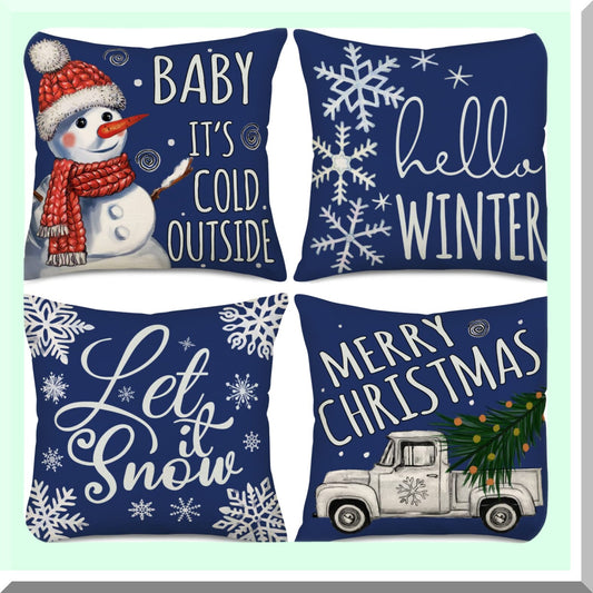 Winter Wonderland Pillow Covers - Set of 4 Navy Blue Snowflake Decorations - Farmhouse Truck Merry Saying Quote - Outdoor Decorative Throw Cushion Case - 24x24 Inch Home Decor