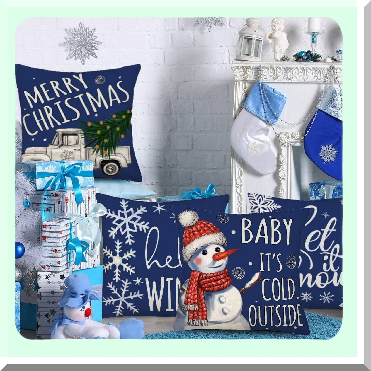 Winter Wonderland Pillow Covers - Set of 4 Navy Blue Snowflake Decorations - Farmhouse Truck Merry Saying Quote - Outdoor Decorative Throw Cushion Case - 24x24 Inch Home Decor