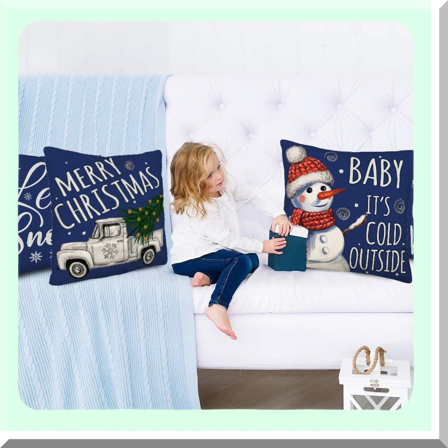 Winter Wonderland Pillow Covers - Set of 4 Navy Blue Snowflake Decorations - Farmhouse Truck Merry Saying Quote - Outdoor Decorative Throw Cushion Case - 24x24 Inch Home Decor