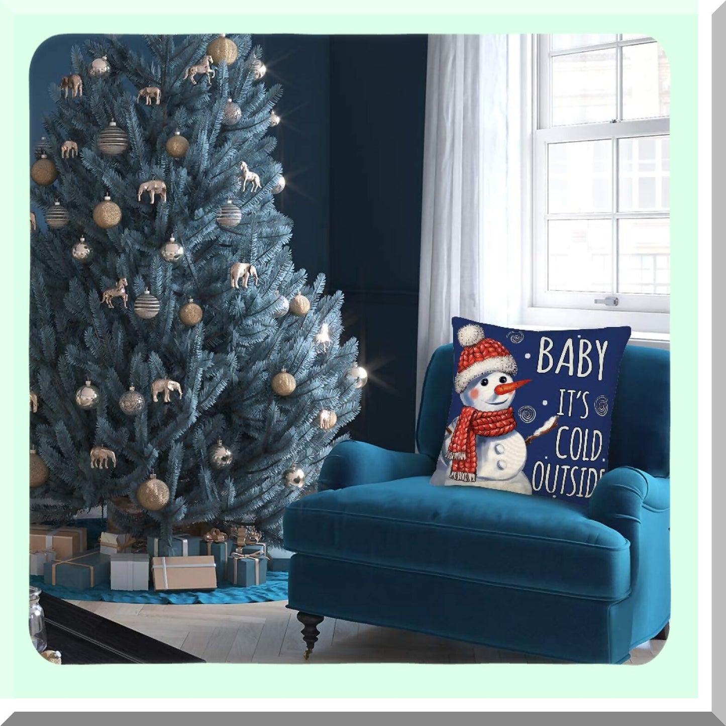 Winter Wonderland Pillow Covers - Set of 4 Navy Blue Snowflake Decorations - Farmhouse Truck Merry Saying Quote - Outdoor Decorative Throw Cushion Case - 24x24 Inch Home Decor