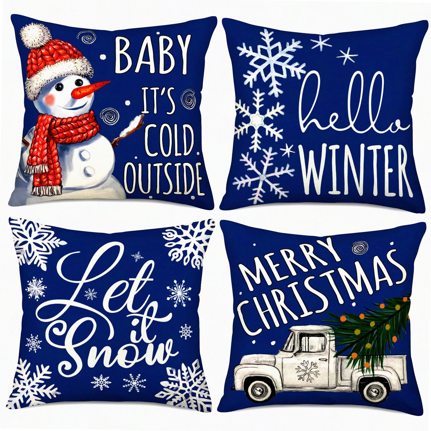 Winter Wonderland Pillow Covers - Set of 4 Navy Blue Snowflake Decorations - Farmhouse Truck Merry Saying Quote - Outdoor Decorative Throw Cushion Case - 24x24 Inch Home Decor