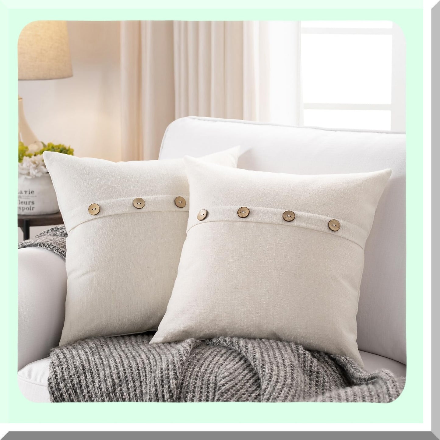 Ivory Farmhouse Square Pillow Covers Set - Boho Style with Coconut Buttons - Sofa Couch Living Room Bedroom Dcor - 18 x 18 Farmhouse Home Accent