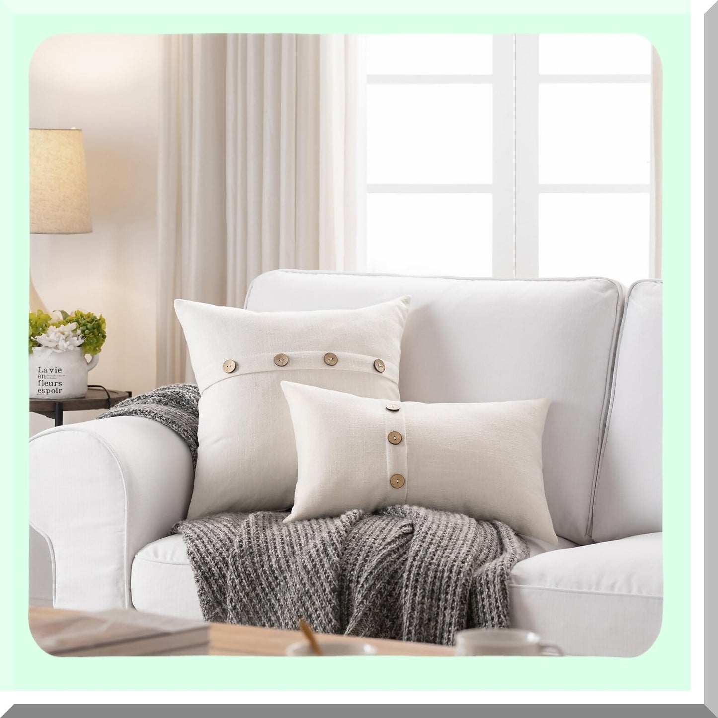 Ivory Farmhouse Square Pillow Covers Set - Boho Style with Coconut Buttons - Sofa Couch Living Room Bedroom Dcor - 18 x 18 Farmhouse Home Accent