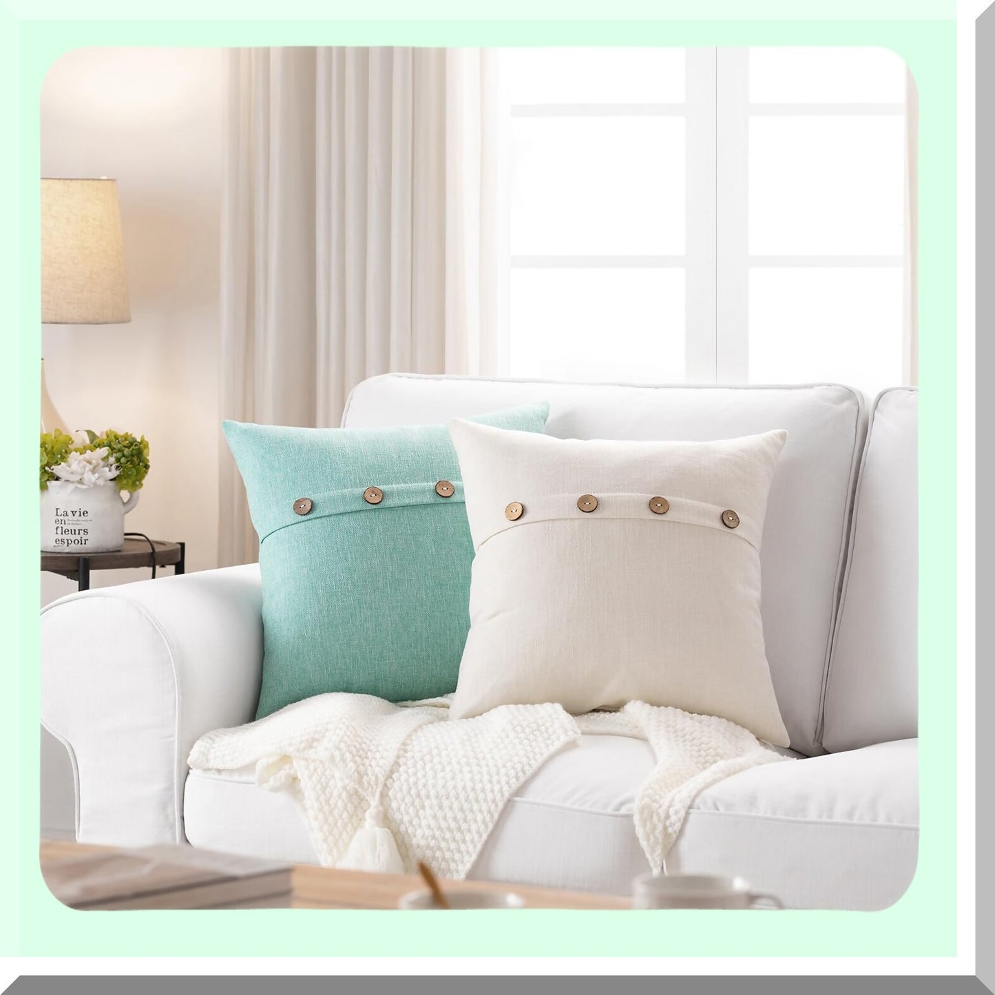 Ivory Farmhouse Square Pillow Covers Set - Boho Style with Coconut Buttons - Sofa Couch Living Room Bedroom Dcor - 18 x 18 Farmhouse Home Accent
