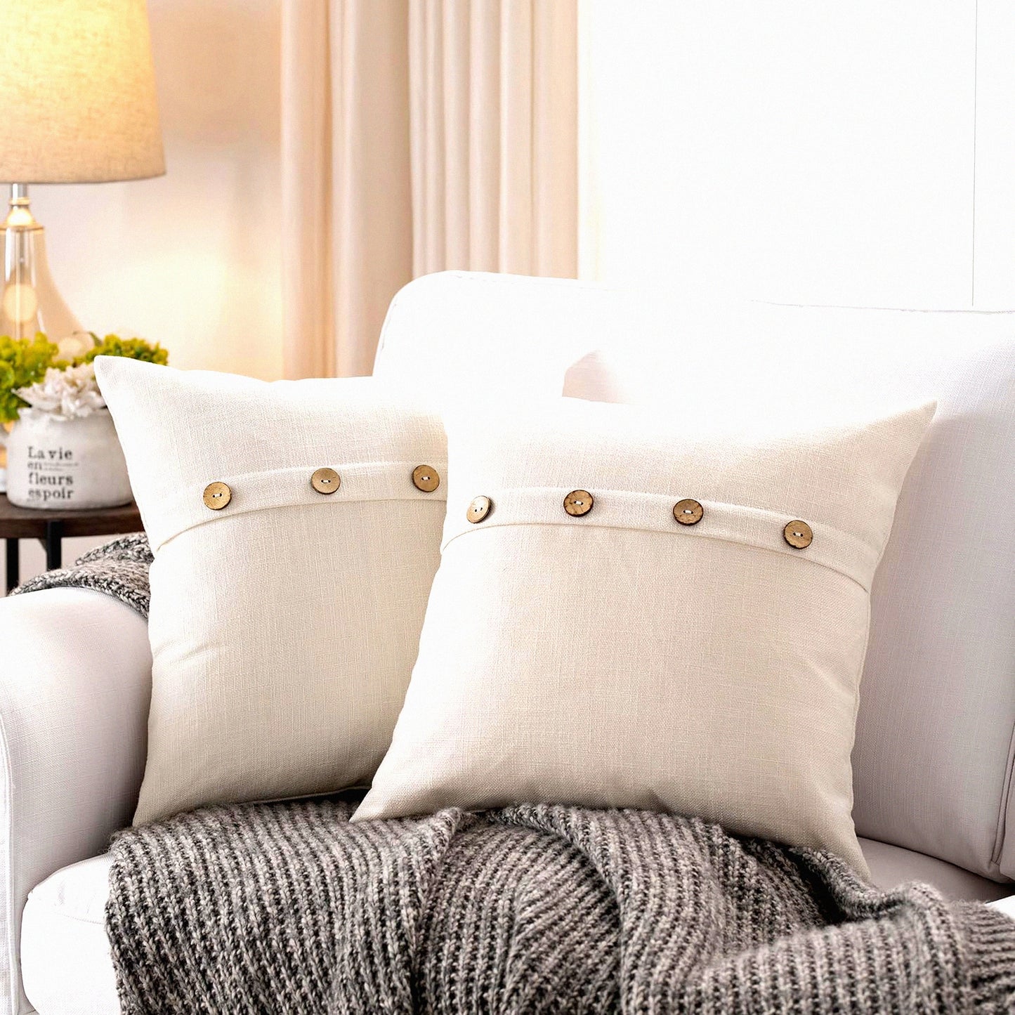 Ivory Farmhouse Square Pillow Covers Set - Boho Style with Coconut Buttons - Sofa Couch Living Room Bedroom Dcor - 18 x 18 Farmhouse Home Accent