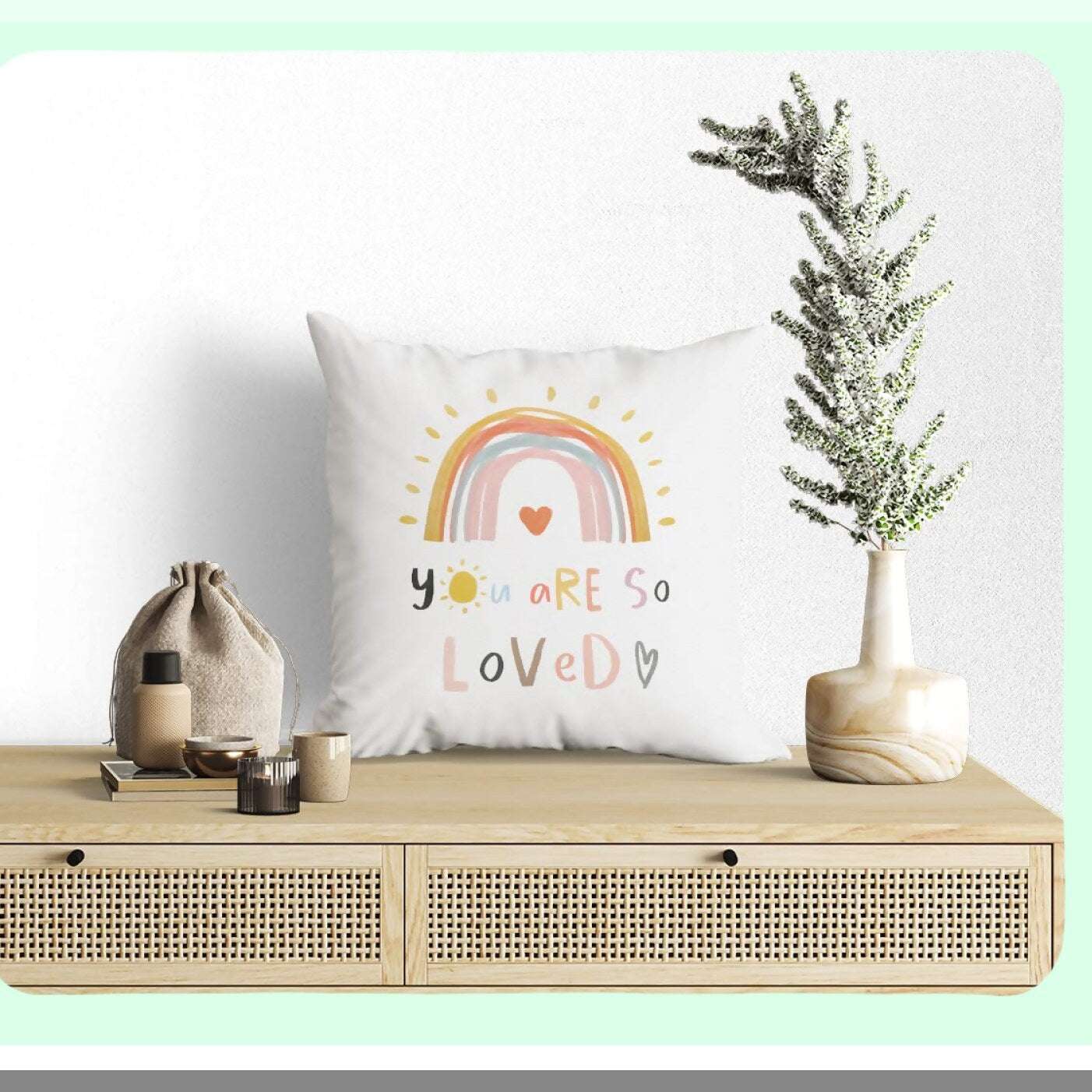 Boho Rainbow Love Cushion - 18"X18" Decorative Pillowcase for Sofa, Couch, Bed - Bohemian Girls Room, Kids Nursery Decor - Gift for Boho Lovers