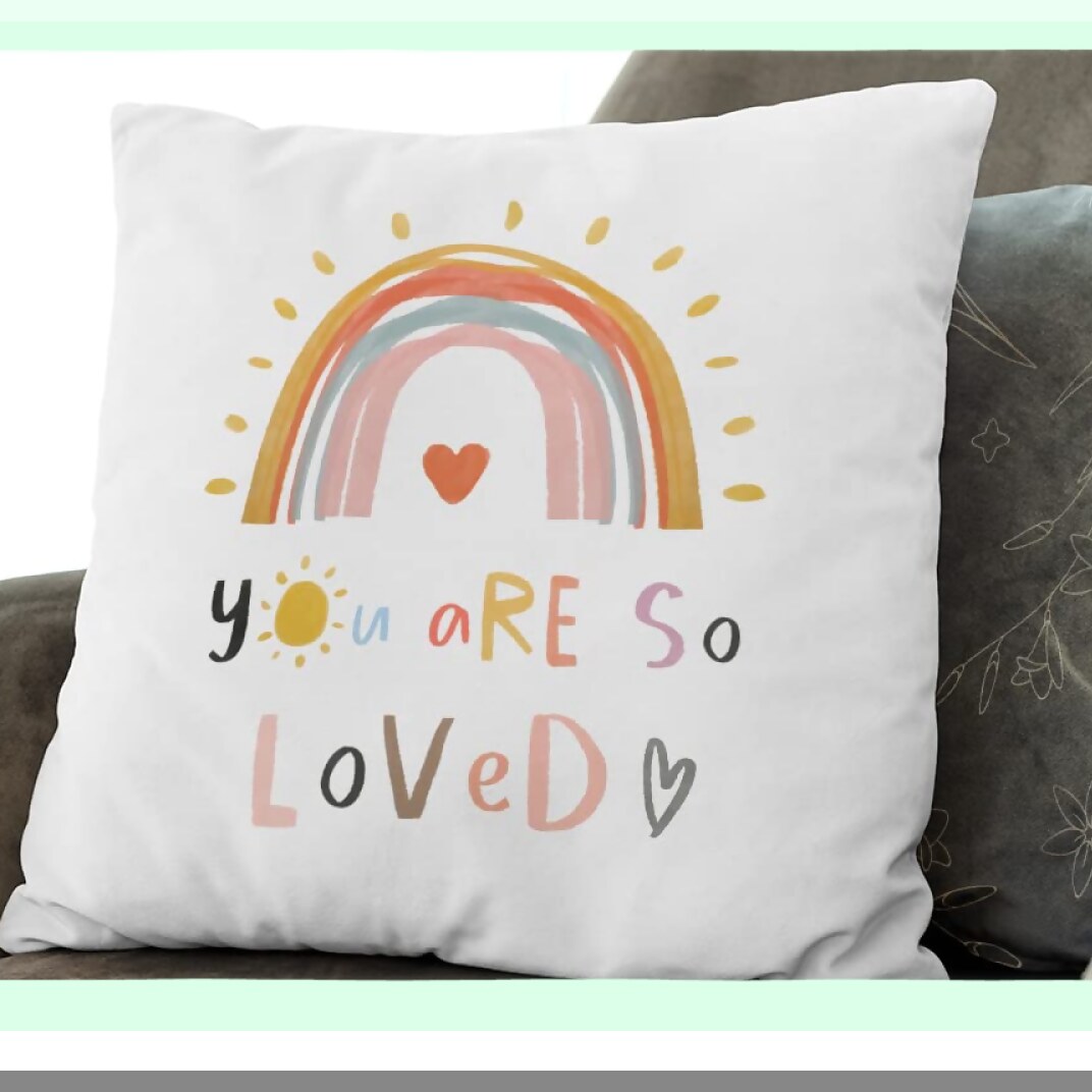 Boho Rainbow Love Cushion - 18"X18" Decorative Pillowcase for Sofa, Couch, Bed - Bohemian Girls Room, Kids Nursery Decor - Gift for Boho Lovers