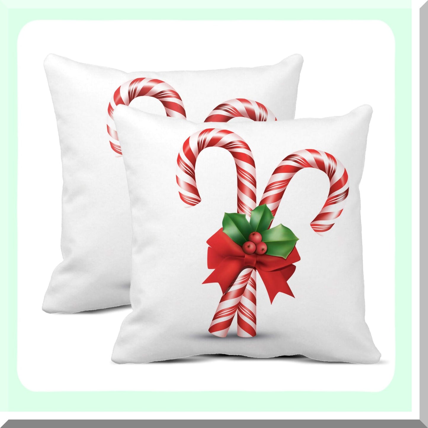 Candy Cane Holly Berries Pillow Covers - Set of 2 18x18 Inch Noel Peppermint Home Decor Cushion Cases for Sofa Bed - Red Bow White Stick Color