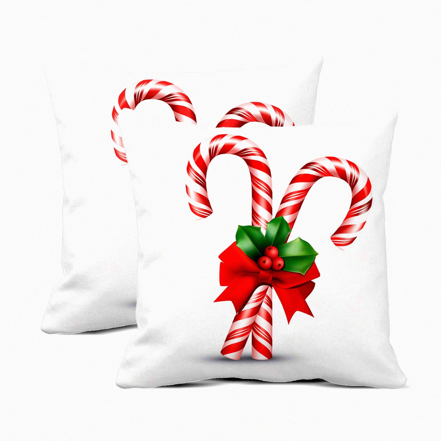 Candy Cane Holly Berries Pillow Covers - Set of 2 18x18 Inch Noel Peppermint Home Decor Cushion Cases for Sofa Bed - Red Bow White Stick Color