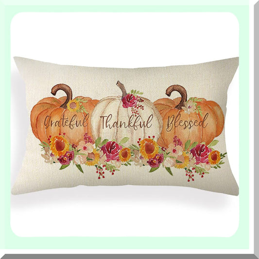 Autumn Harvest Lumbar Pillow Cover - Farmhouse Decor Cushion Case for Sofa Couch - Pumpkin Thanksgiving Decoration - 12 x 20 Inch