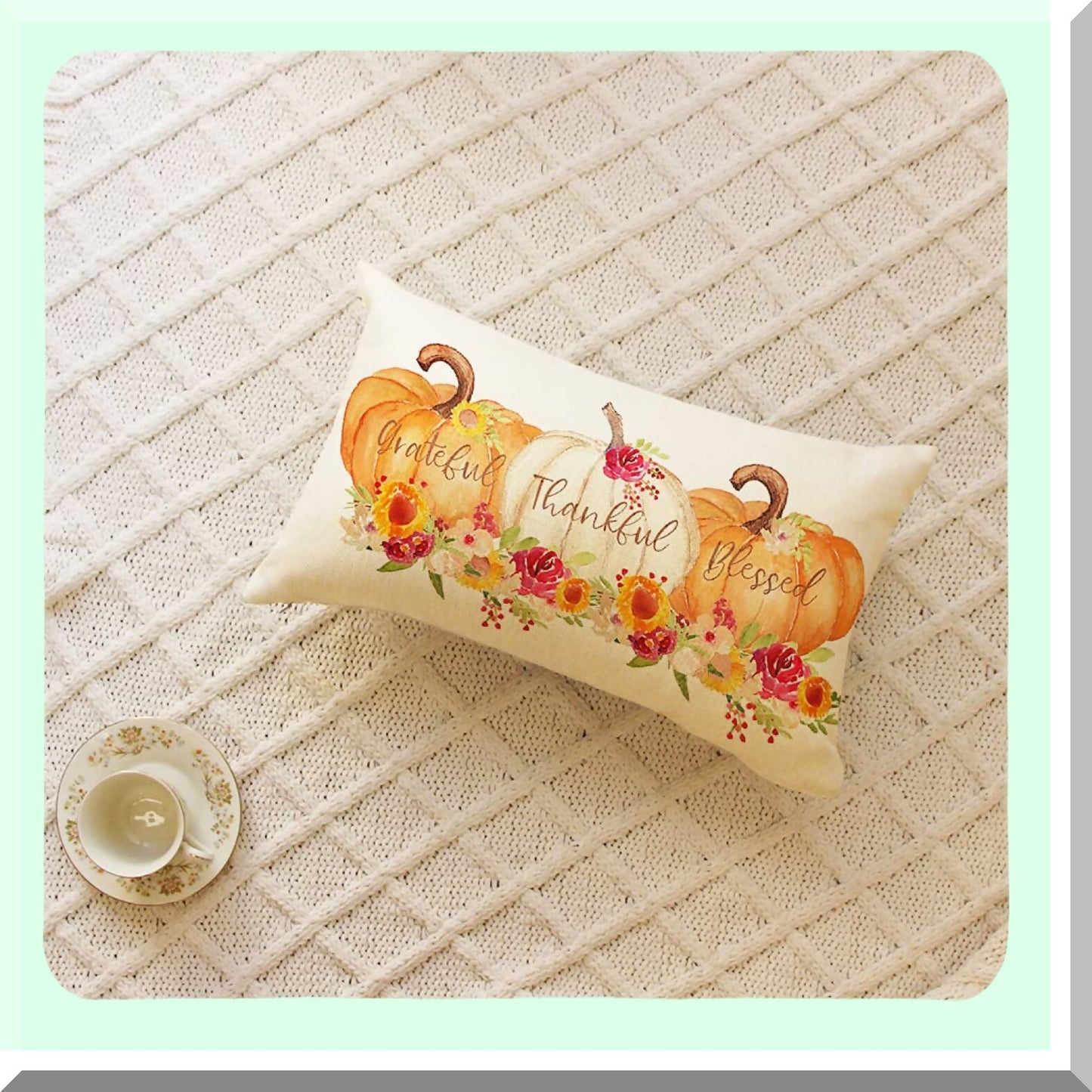 Autumn Harvest Lumbar Pillow Cover - Farmhouse Decor Cushion Case for Sofa Couch - Pumpkin Thanksgiving Decoration - 12 x 20 Inch