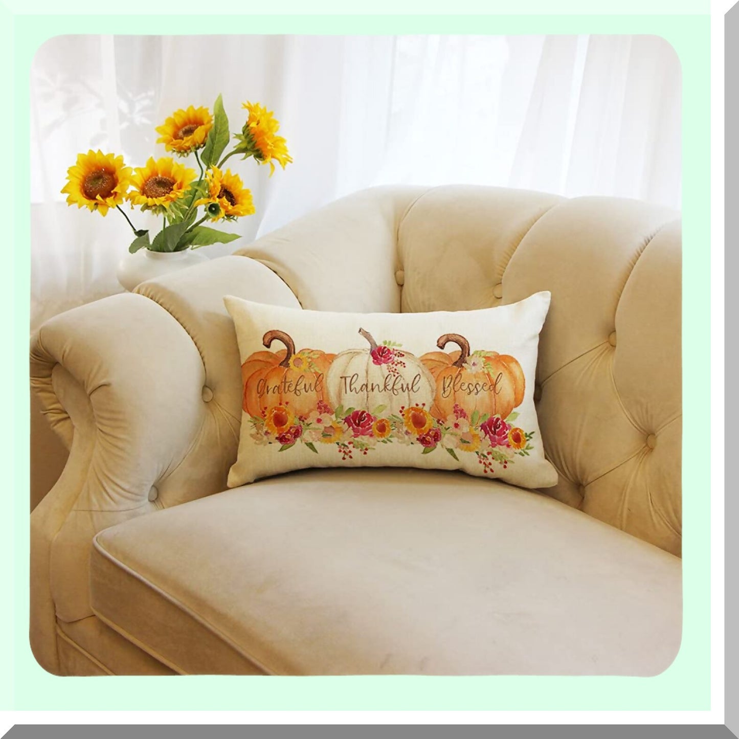 Autumn Harvest Lumbar Pillow Cover - Farmhouse Decor Cushion Case for Sofa Couch - Pumpkin Thanksgiving Decoration - 12 x 20 Inch