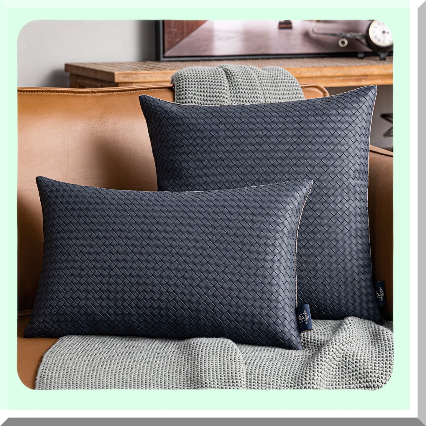Leather Weave Pillow Duo - Modern Farmhouse Decor Set of 2 Dark Grey Throw Pillow Covers for Couch, Outdoor Patio, 18x18 Inches