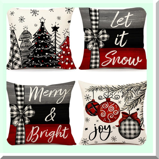 Winter Wonderland Xmas Tree Farmhouse Pillow Covers - Set of 4 Merry Bright Holiday Cushion Cases for Home Couch Decoration