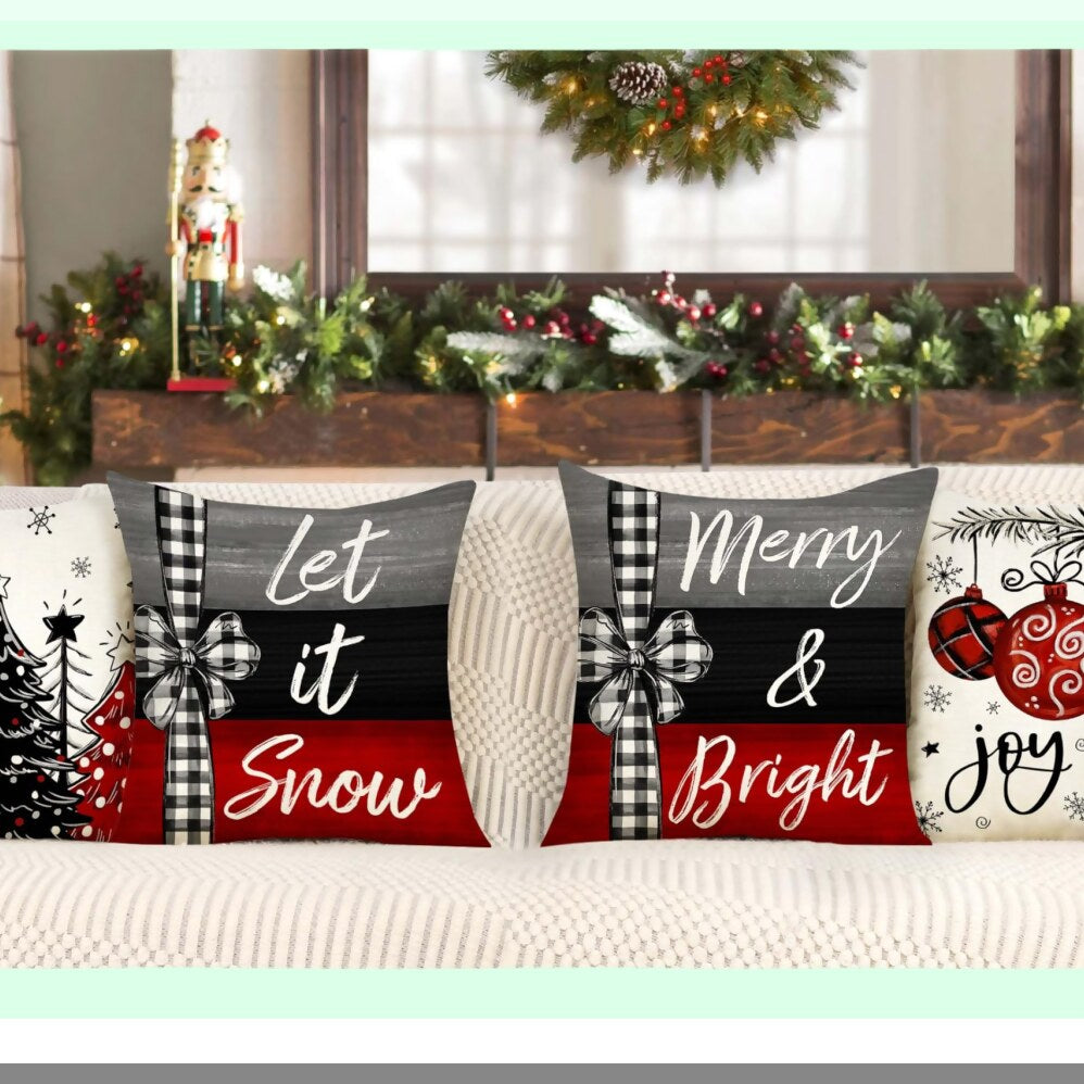 Winter Wonderland Xmas Tree Farmhouse Pillow Covers - Set of 4 Merry Bright Holiday Cushion Cases for Home Couch Decoration