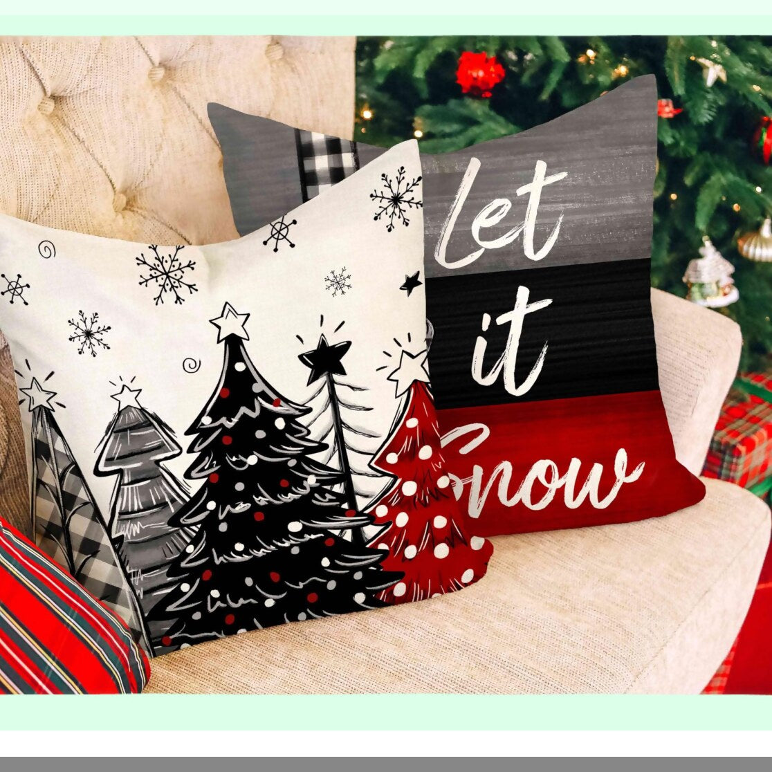 Winter Wonderland Xmas Tree Farmhouse Pillow Covers - Set of 4 Merry Bright Holiday Cushion Cases for Home Couch Decoration