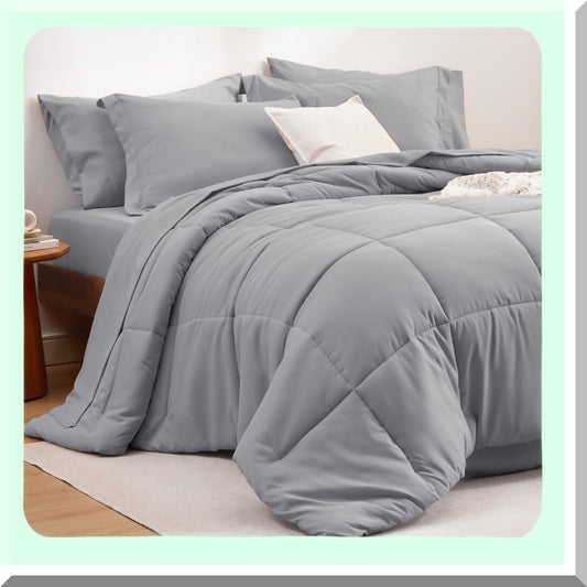 Luxury Grey Comforter Set - 7 Piece Bedding Bundle with Quilted Comforters, Sheets, Pillowcases & Shams - Cozy Bed in a Bag for Ultimate Comfort & Style