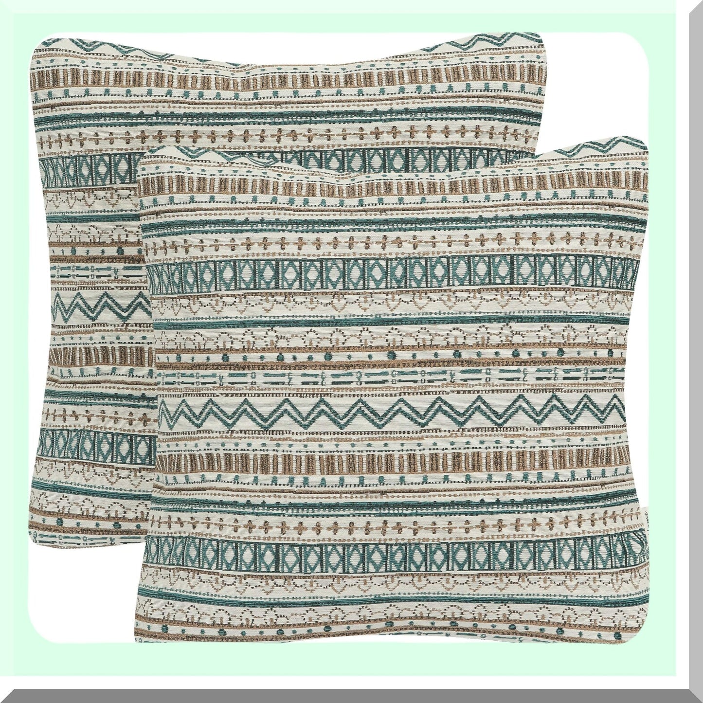 Boho Chic Stripe Pillowcase Set - 20x20 Decorative Cushion Covers for Couch, Sofa, Bed - Geometric Pattern in Green, Taupe, Cream - Pack of 2