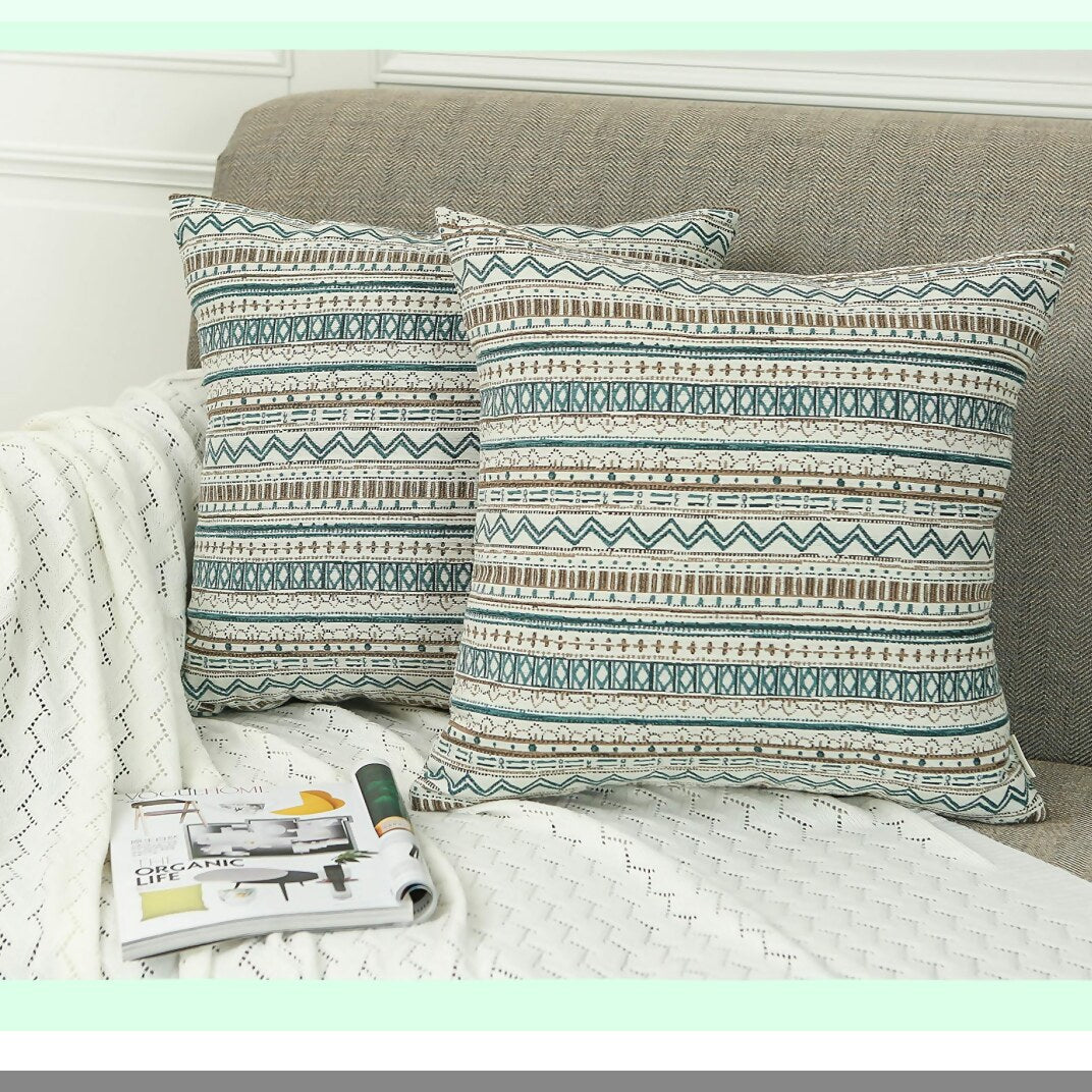 Boho Chic Stripe Pillowcase Set - 20x20 Decorative Cushion Covers for Couch, Sofa, Bed - Geometric Pattern in Green, Taupe, Cream - Pack of 2