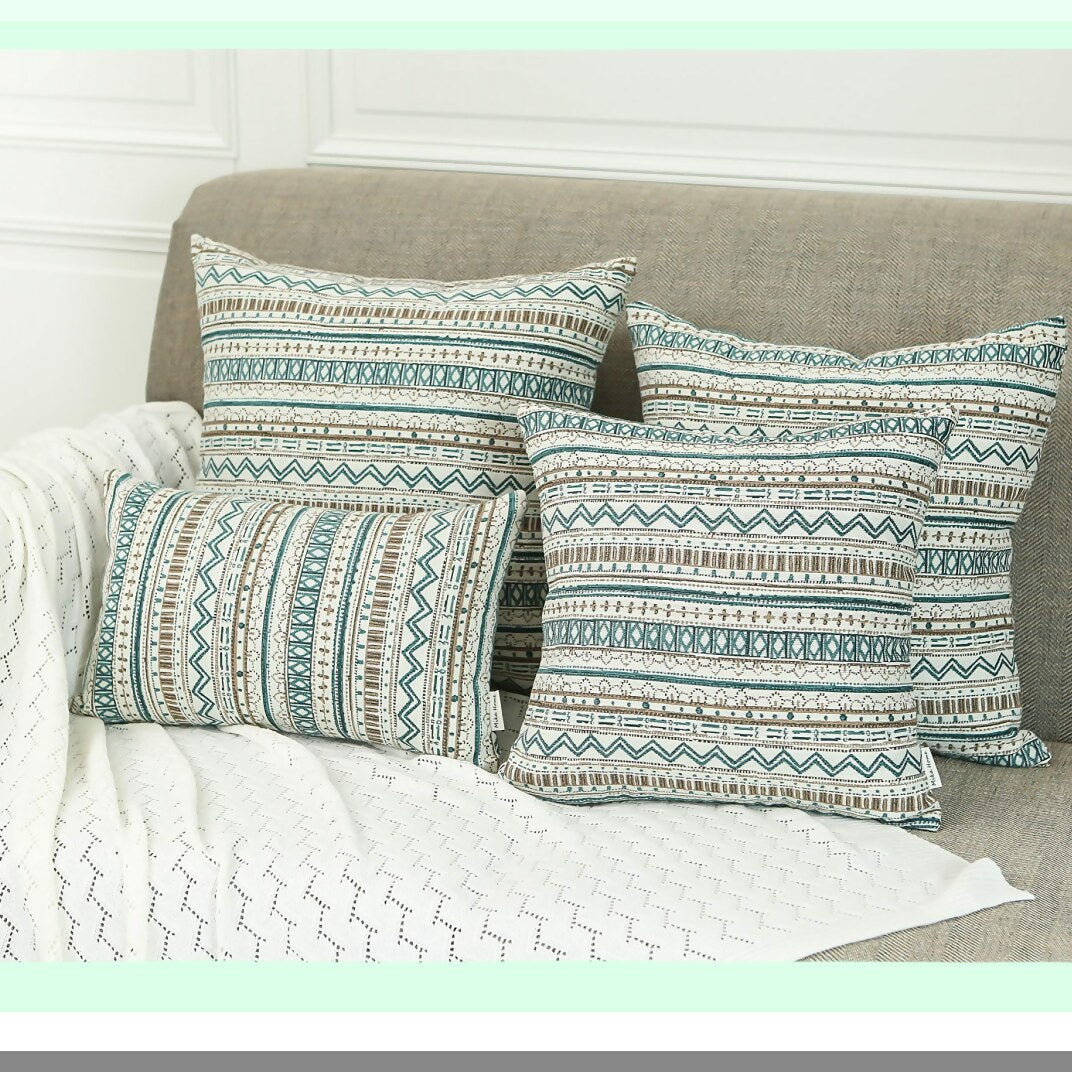 Boho Chic Stripe Pillowcase Set - 20x20 Decorative Cushion Covers for Couch, Sofa, Bed - Geometric Pattern in Green, Taupe, Cream - Pack of 2