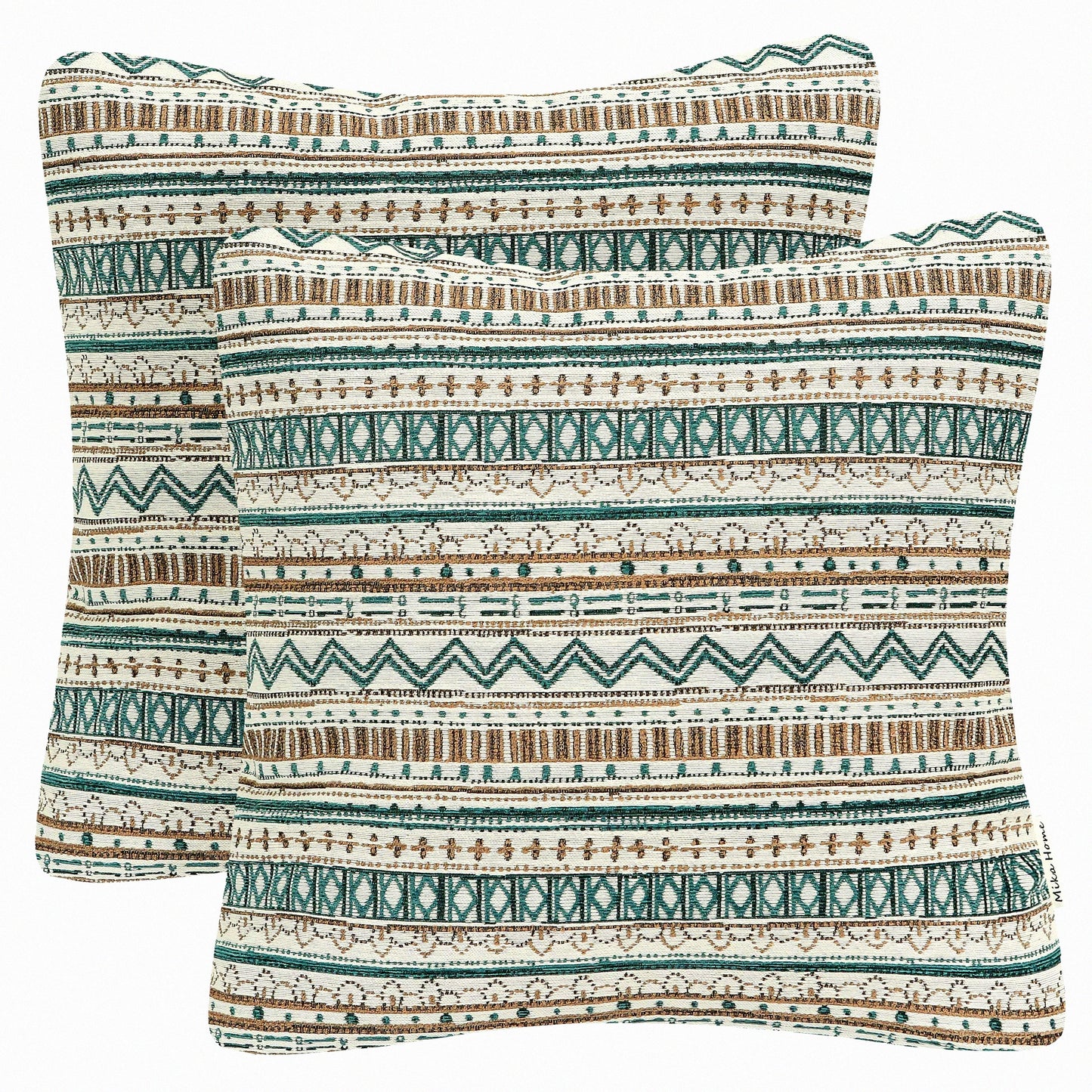 Boho Chic Stripe Pillowcase Set - 20x20 Decorative Cushion Covers for Couch, Sofa, Bed - Geometric Pattern in Green, Taupe, Cream - Pack of 2