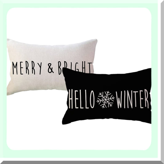 Winter Wonderland Lumbar Pillow Covers - Set of 2 Black Merry&Bright Decorative Throw Pillowcases for Sofa/Couch/Porch - 12x20 Inches Holiday Decor