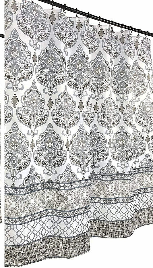 Grey Taupe White Fabric Shower Curtain with Floral Damask Design
