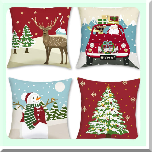 Winter Wonderland Holiday Pillow Set - Reindeer, Claus, Snowman, Xmas Tree Decorative Covers for Sofa Couch - 18 x 18 Inch - Set of 4
