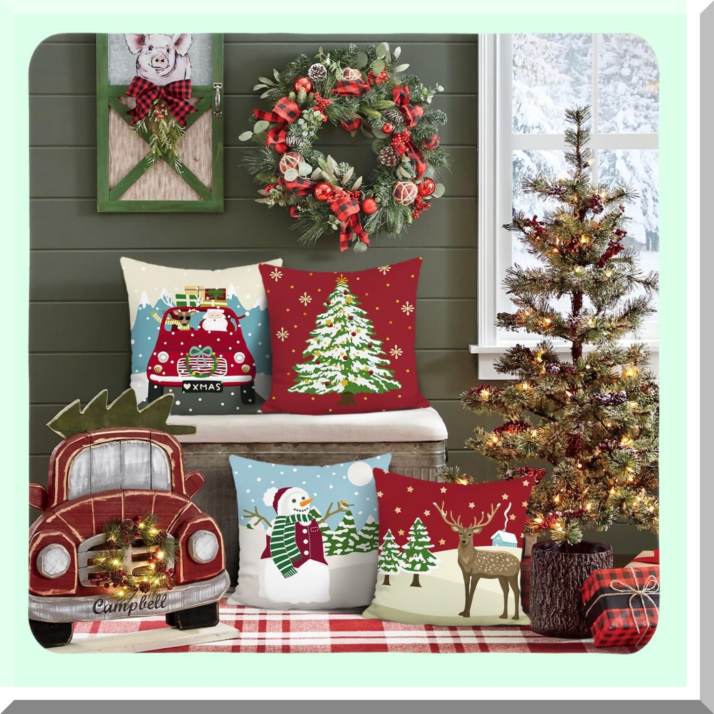 Winter Wonderland Holiday Pillow Set - Reindeer, Claus, Snowman, Xmas Tree Decorative Covers for Sofa Couch - 18 x 18 Inch - Set of 4