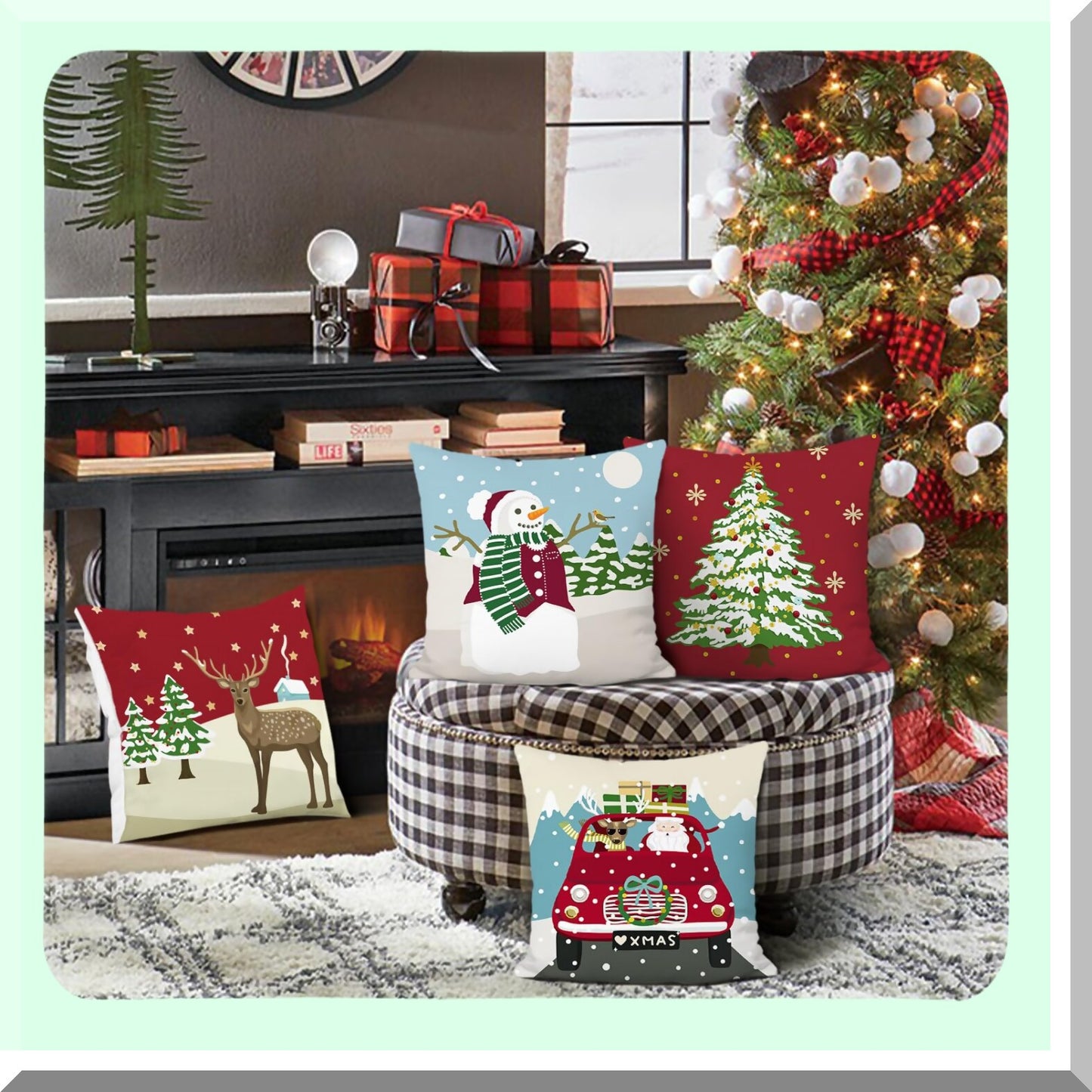Winter Wonderland Holiday Pillow Set - Reindeer, Claus, Snowman, Xmas Tree Decorative Covers for Sofa Couch - 18 x 18 Inch - Set of 4