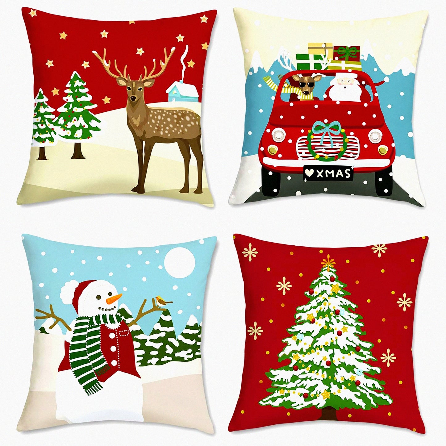 Winter Wonderland Holiday Pillow Set - Reindeer, Claus, Snowman, Xmas Tree Decorative Covers for Sofa Couch - 18 x 18 Inch - Set of 4