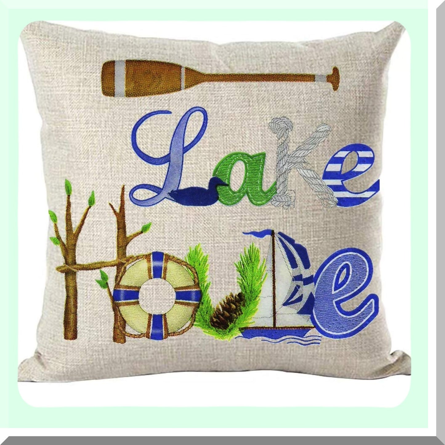 Lake House Lifebuoy Quote Decorative Throw Pillow Cover - Blue Green Duck Brown Paddle Sailboat Tree Art - Home Living Room Bed Sofa Car Cotton Linen Square 18 x 18 Inches