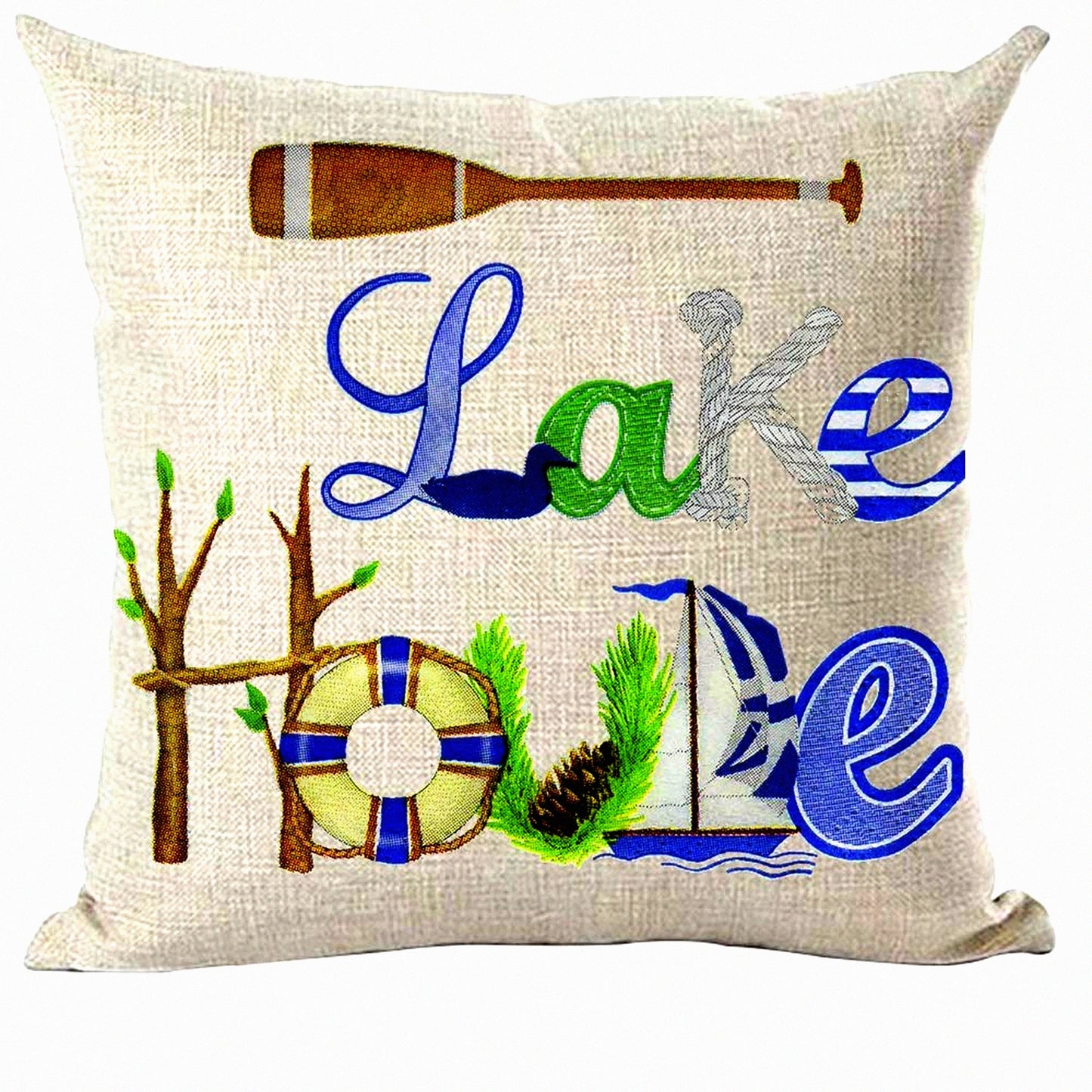 Lake House Lifebuoy Quote Decorative Throw Pillow Cover - Blue Green Duck Brown Paddle Sailboat Tree Art - Home Living Room Bed Sofa Car Cotton Linen Square 18 x 18 Inches