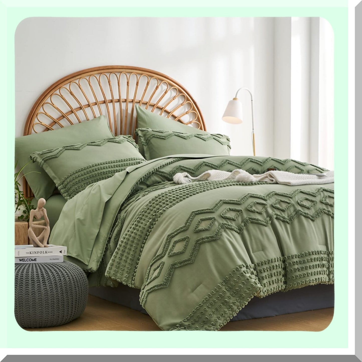 Sage Green Boho Bliss Comforter Set - 7 Piece Full Size Bed in a Bag - Shabby Chic Pom Pom Textured Bedding - Soft Microfiber All Season Sheet Set