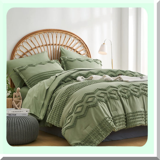 Sage Green Boho Bliss Comforter Set - 7 Piece Full Size Bed in a Bag - Shabby Chic Pom Pom Textured Bedding - Soft Microfiber All Season Sheet Set