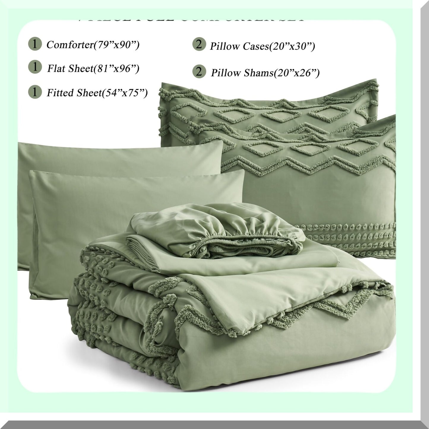 Sage Green Boho Bliss Comforter Set - 7 Piece Full Size Bed in a Bag - Shabby Chic Pom Pom Textured Bedding - Soft Microfiber All Season Sheet Set