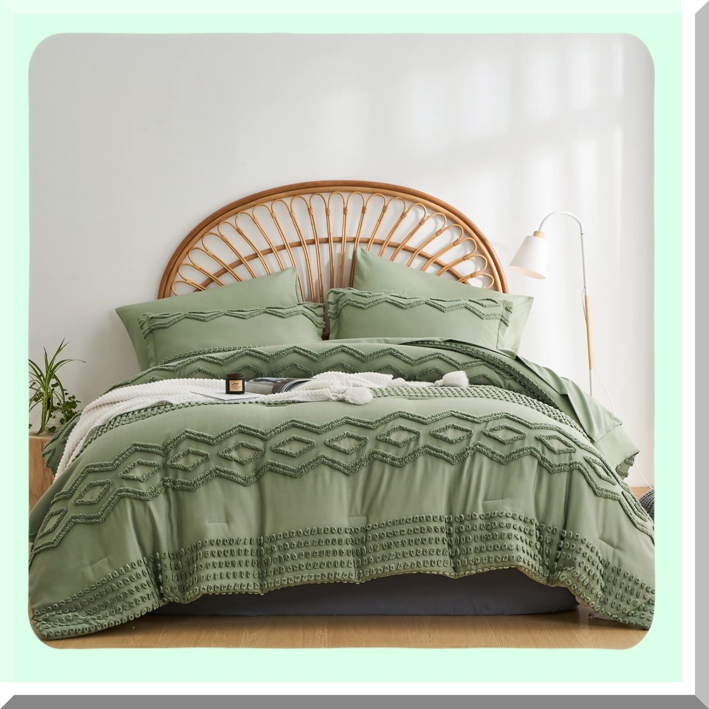 Sage Green Boho Bliss Comforter Set - 7 Piece Full Size Bed in a Bag - Shabby Chic Pom Pom Textured Bedding - Soft Microfiber All Season Sheet Set