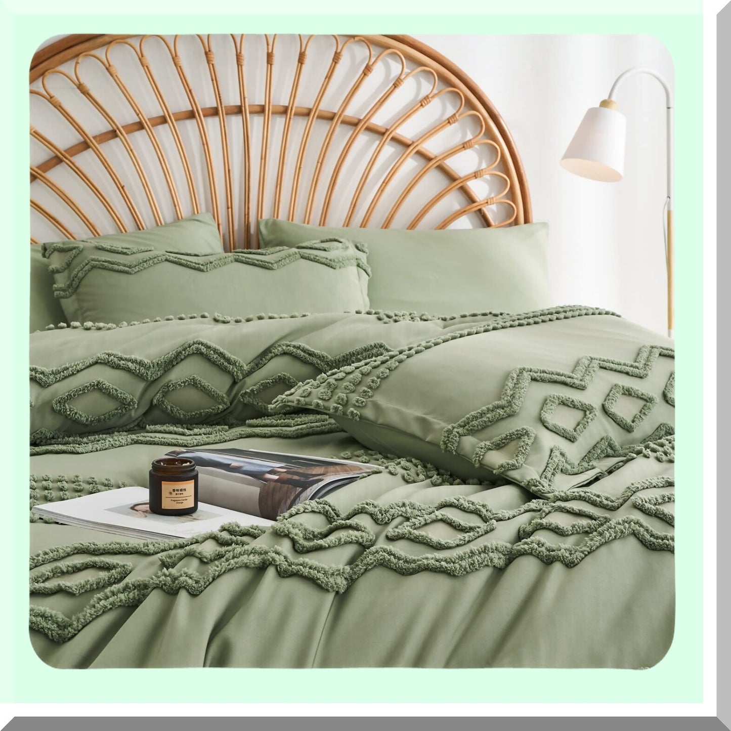 Sage Green Boho Bliss Comforter Set - 7 Piece Full Size Bed in a Bag - Shabby Chic Pom Pom Textured Bedding - Soft Microfiber All Season Sheet Set
