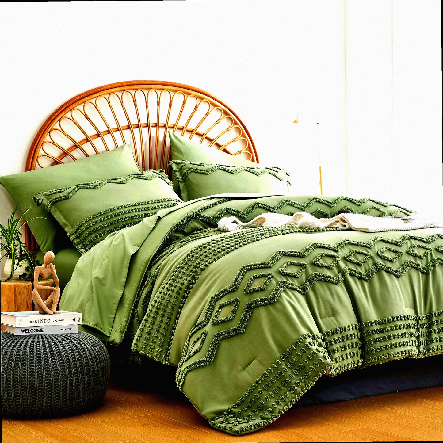 Sage Green Boho Bliss Comforter Set - 7 Piece Full Size Bed in a Bag - Shabby Chic Pom Pom Textured Bedding - Soft Microfiber All Season Sheet Set
