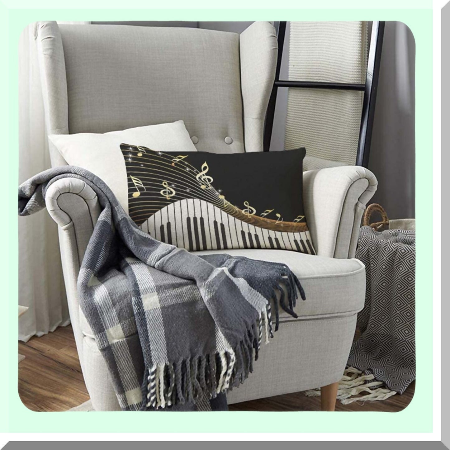 Melodic Twinkle Piano Music Note Cushion Cover - Black Linen Sofa Bed Car Pillow Case 12 x 20 inch