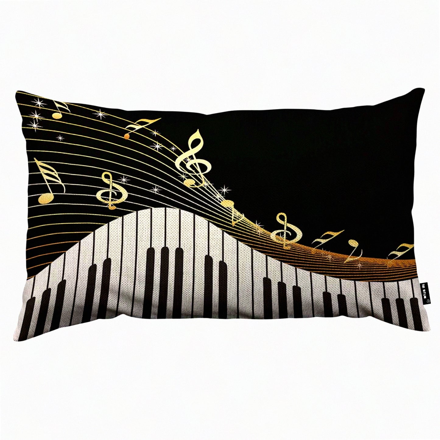 Melodic Twinkle Piano Music Note Cushion Cover - Black Linen Sofa Bed Car Pillow Case 12 x 20 inch
