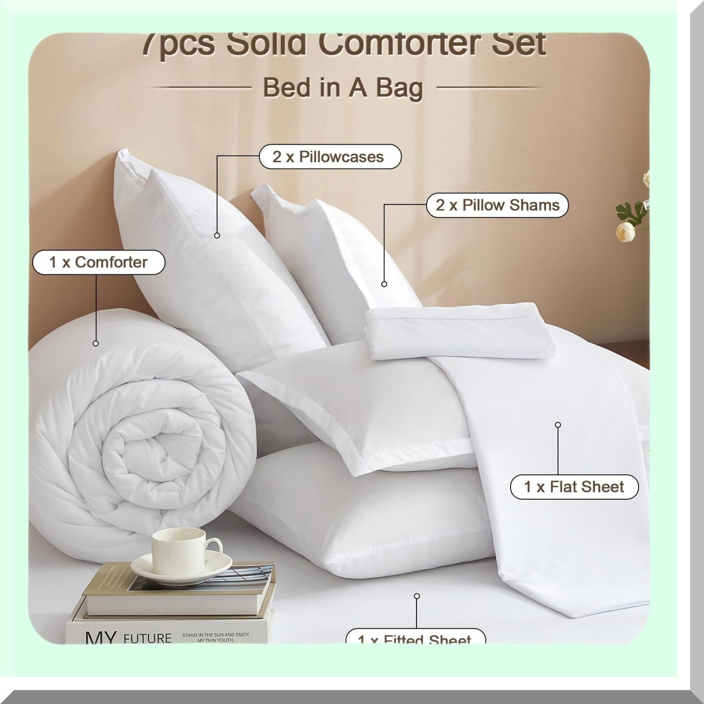 Luxury Cloud 7-Piece Bedding Set - Ultra Soft Comforter, Sheets, Pillowcases, Shams - All Season Lightweight California King Bed in A Bag - White
