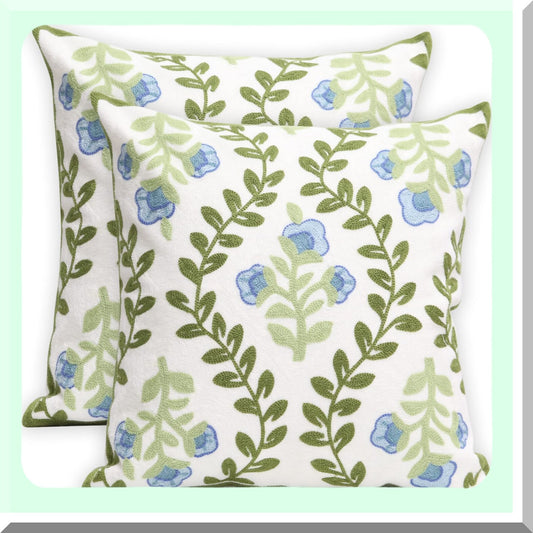 Blue Floral Embroidered Pillowcase Set - Decorative Throw Pillow Covers for Couch and Bedroom Sofa - Farmhouse Decor Cushion - 18x18 Inch Square