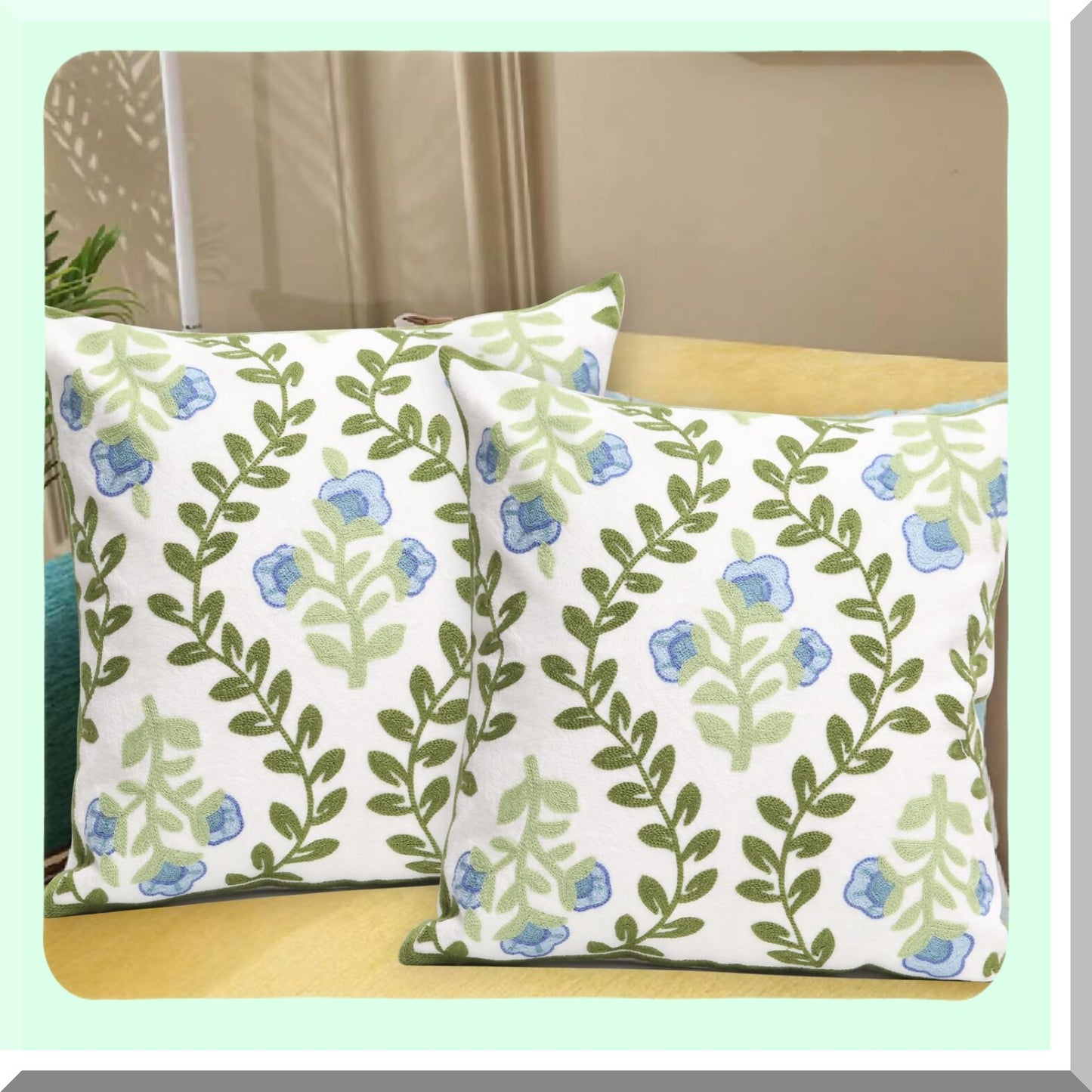 Blue Floral Embroidered Pillowcase Set - Decorative Throw Pillow Covers for Couch and Bedroom Sofa - Farmhouse Decor Cushion - 18x18 Inch Square