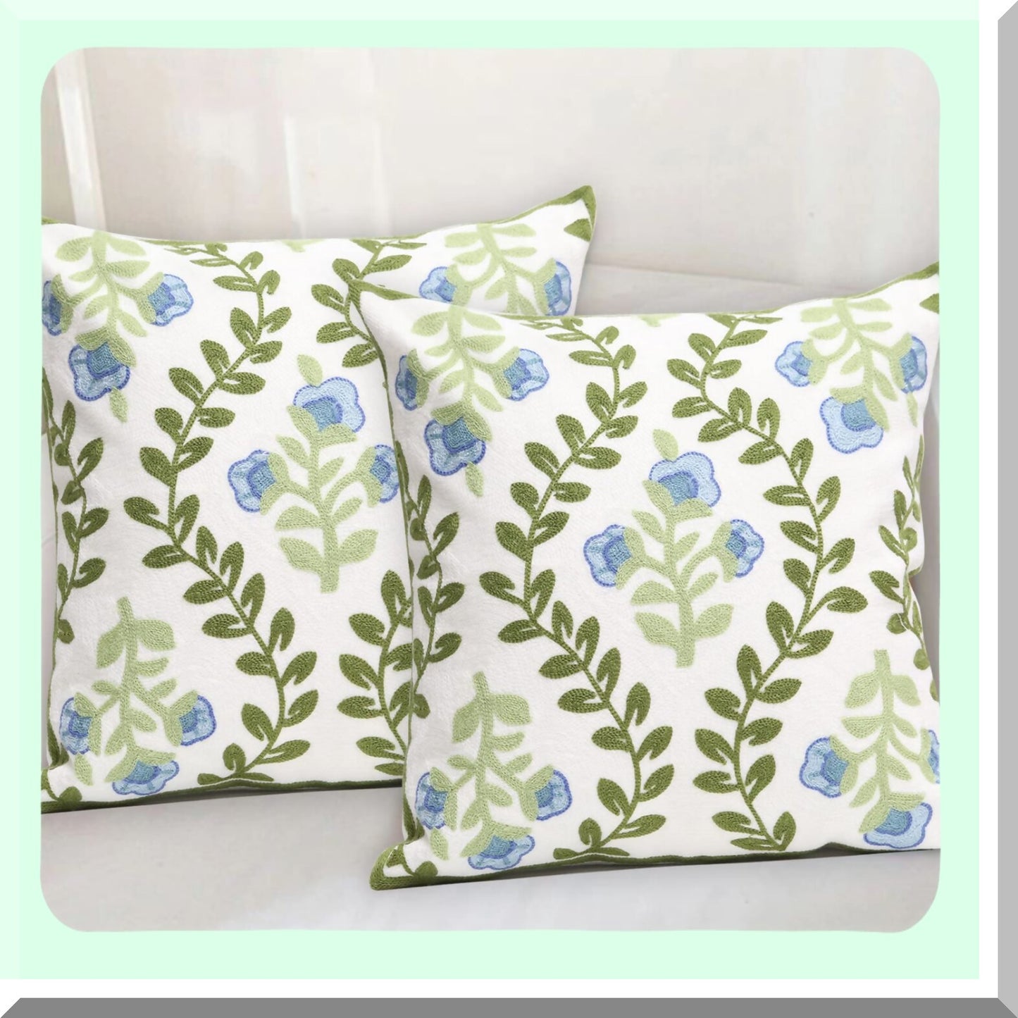 Blue Floral Embroidered Pillowcase Set - Decorative Throw Pillow Covers for Couch and Bedroom Sofa - Farmhouse Decor Cushion - 18x18 Inch Square