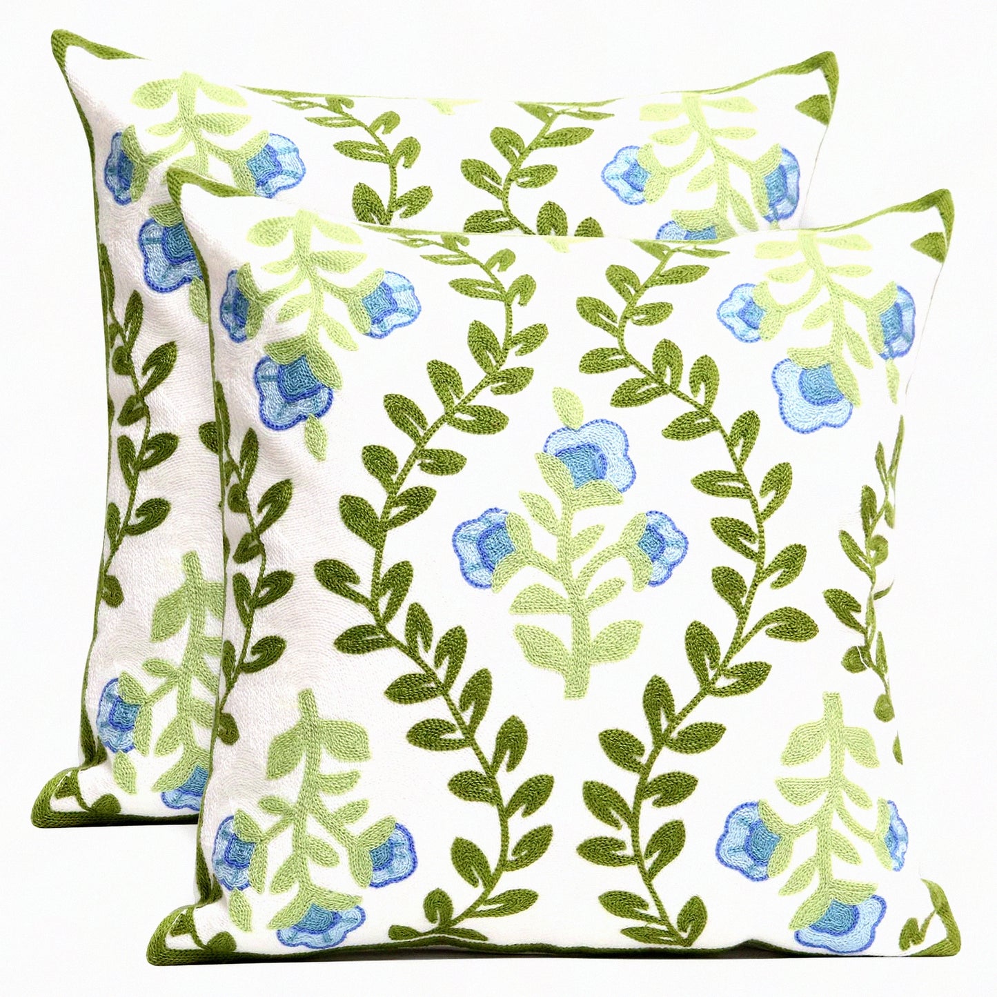 Blue Floral Embroidered Pillowcase Set - Decorative Throw Pillow Covers for Couch and Bedroom Sofa - Farmhouse Decor Cushion - 18x18 Inch Square