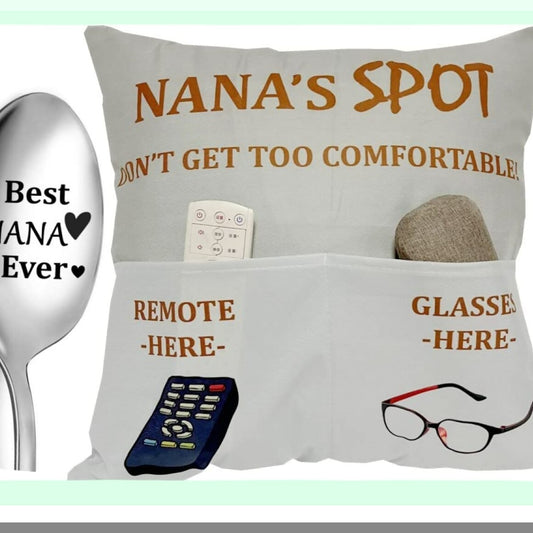 Engraved Nana Throw Pillow Covers & Spoon Set - Grandma Gifts for Granny Gigi Mimi - 2-Pocket 18x18 Inch Birthday Stocking Stuffers - Grandmother's Day Special